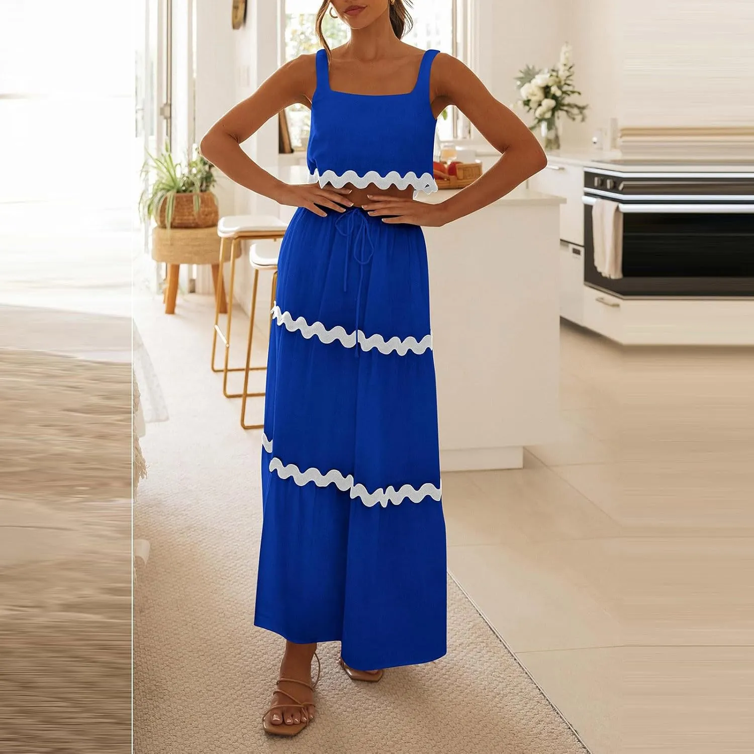 Two Piece Skirt Set For Women Trendy Summer Sleeveless Crop Tops High Waisted Maxi Skirt Sets Beach Vacation Outfits