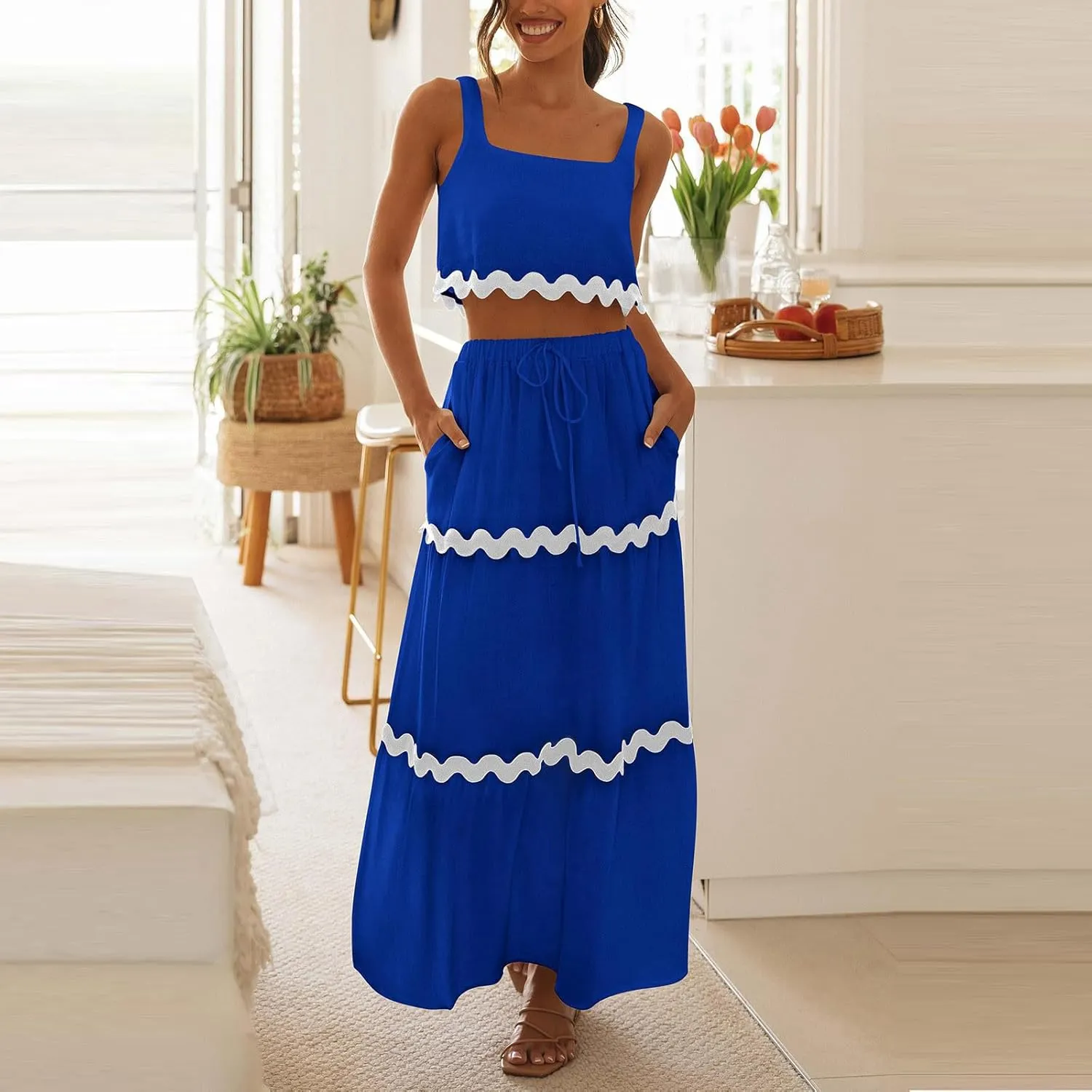 Two Piece Skirt Set For Women Trendy Summer Sleeveless Crop Tops High Waisted Maxi Skirt Sets Beach Vacation Outfits