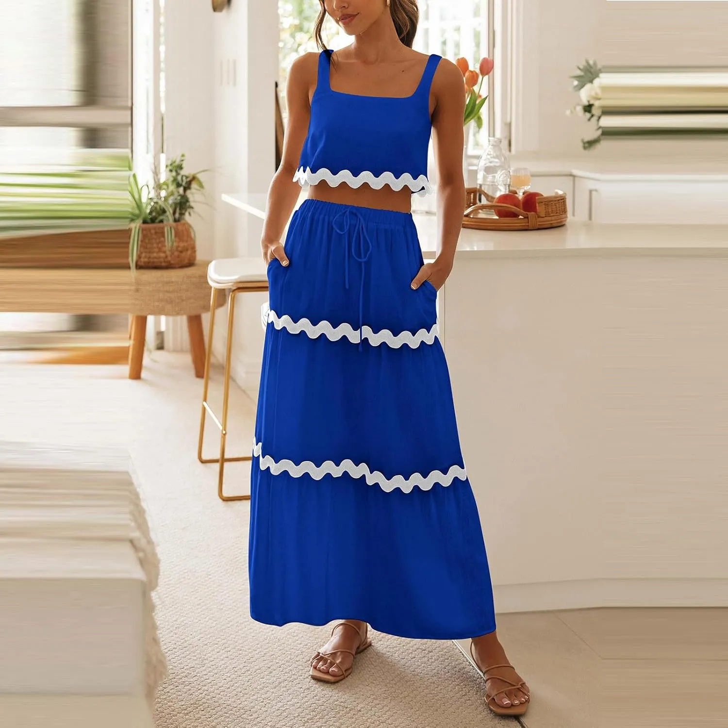 Two Piece Skirt Set For Women Trendy Summer Sleeveless Crop Tops High Waisted Maxi Skirt Sets Beach Vacation Outfits