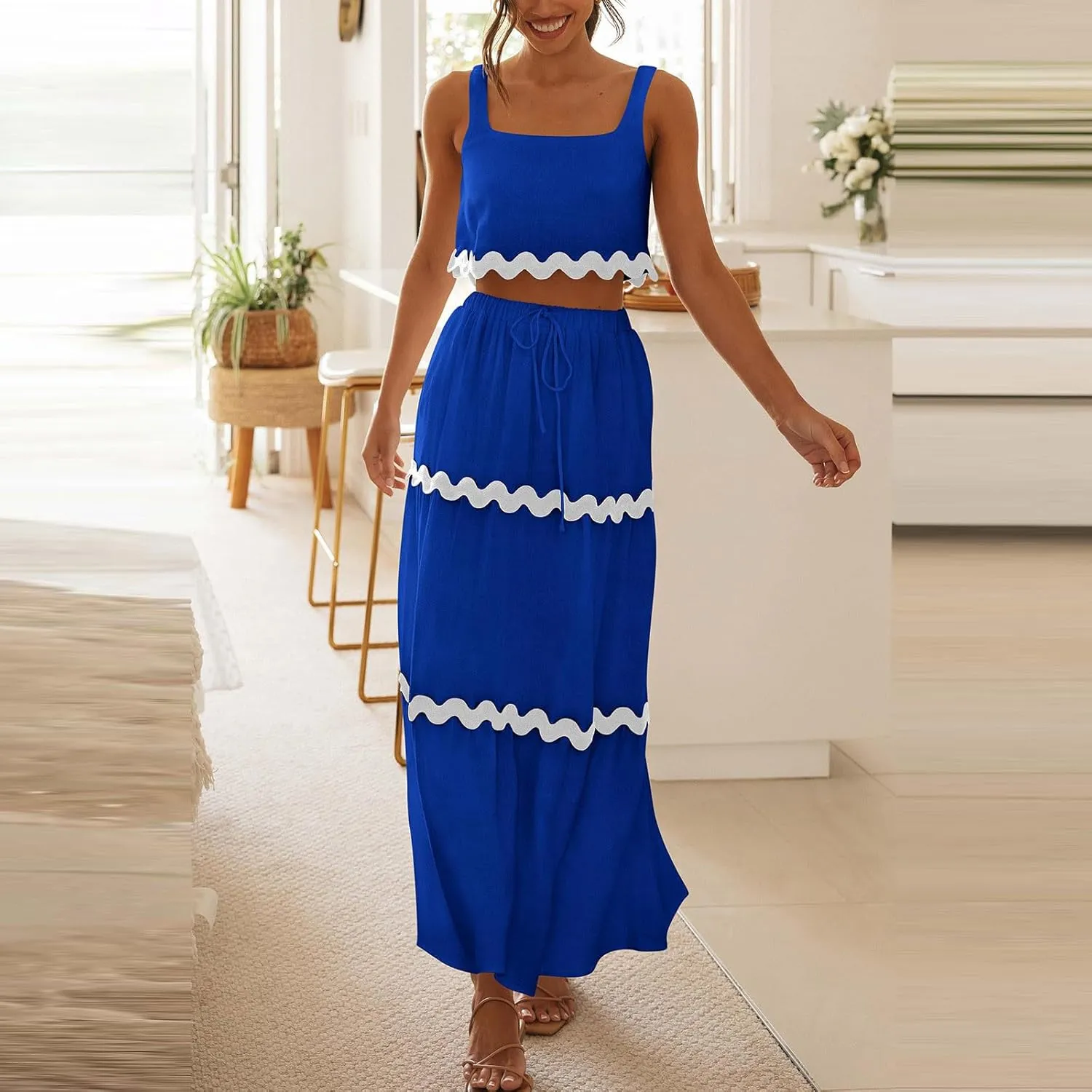 Two Piece Skirt Set For Women Trendy Summer Sleeveless Crop Tops High Waisted Maxi Skirt Sets Beach Vacation Outfits