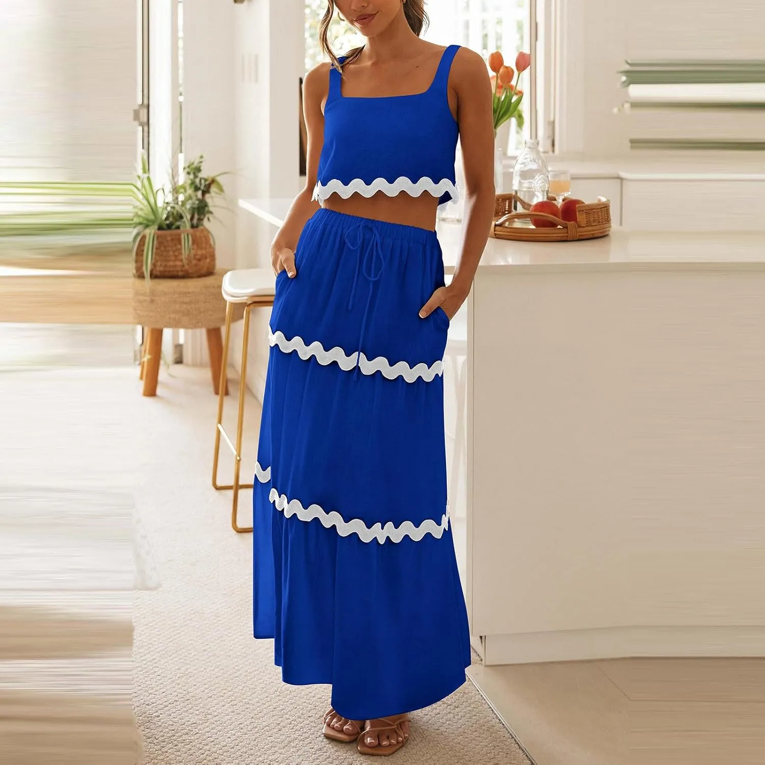 Two Piece Skirt Set For Women Trendy Summer Sleeveless Crop Tops High Waisted Maxi Skirt Sets Beach Vacation Outfits
