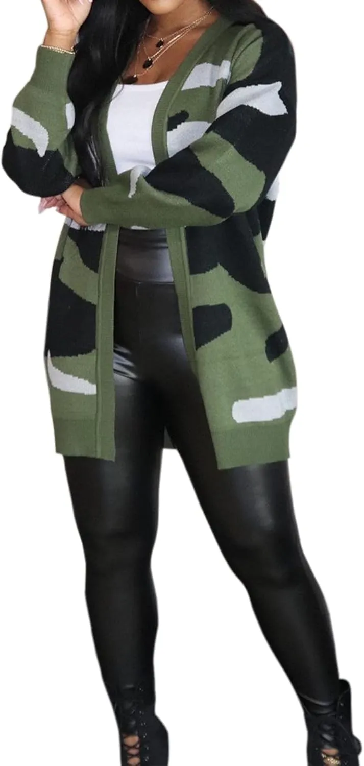 Vakkest Camo Blazer Jacket for Women Lapel Long Sleeve Open Front Cardigan Coat Classic Pockets Overcoat Outwear