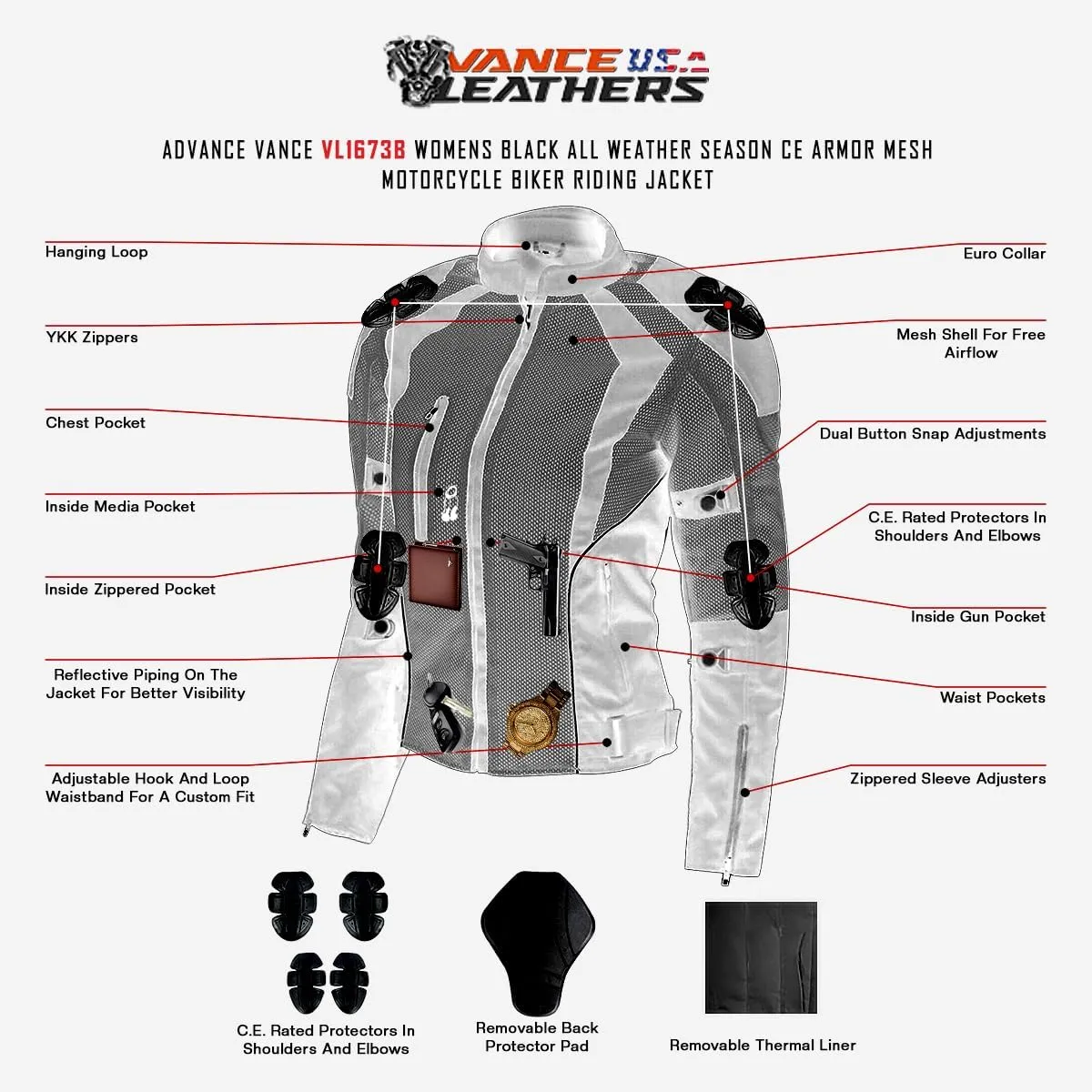 Vance Advance Womens All Weather Season CE Armor Mesh Motorcycle Biker Riding Jacket