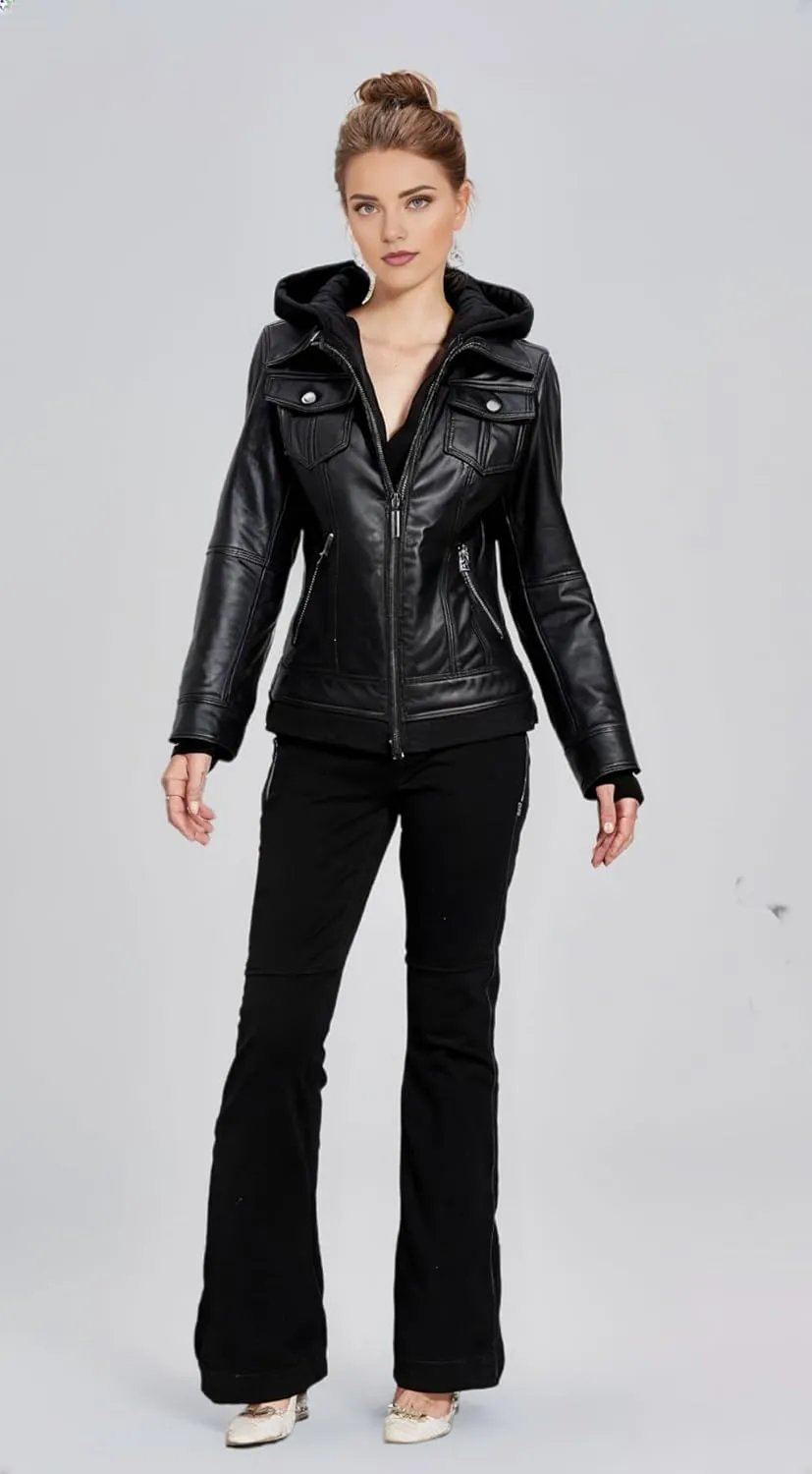 VearFit Women's Sparteens Real Leather Jacket Bomber Removable Hood for Women