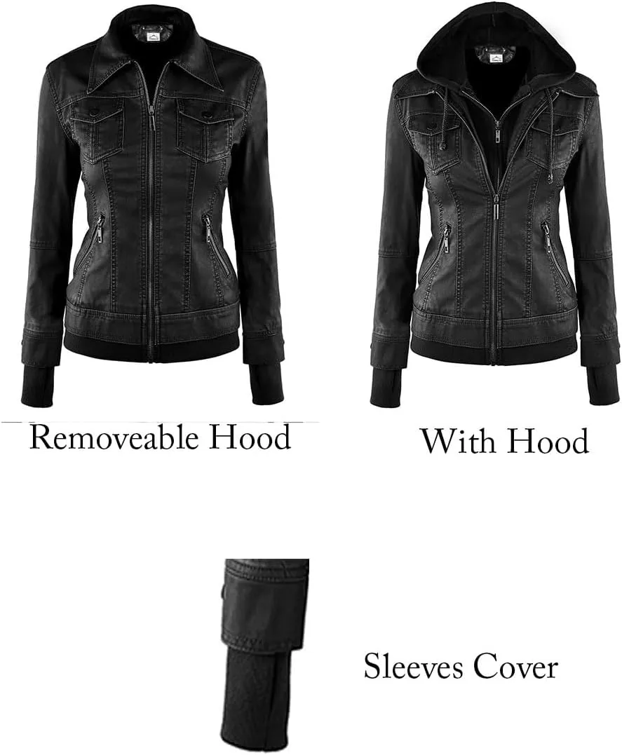 VearFit Women's Sparteens Real Leather Jacket Bomber Removable Hood for Women