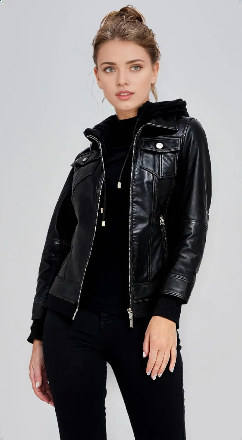 VearFit Women's Sparteens Real Leather Jacket Bomber Removable Hood for Women