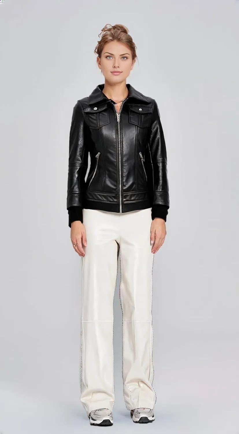 VearFit Women's Sparteens Real Leather Jacket Bomber Removable Hood for Women