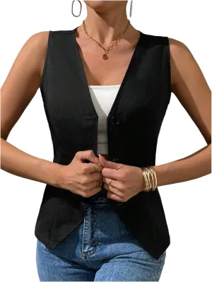 Verdusa Women's Button Down V Neck Blazer Vests Old Money Split Sleeveless Asymmetrical Jacket Vest