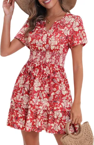 VETIOR Somerset Mini Dress Teens Friendly Womens Elastic Smocked Waist Henley Neck with Ruffled Sleeves and Pockets