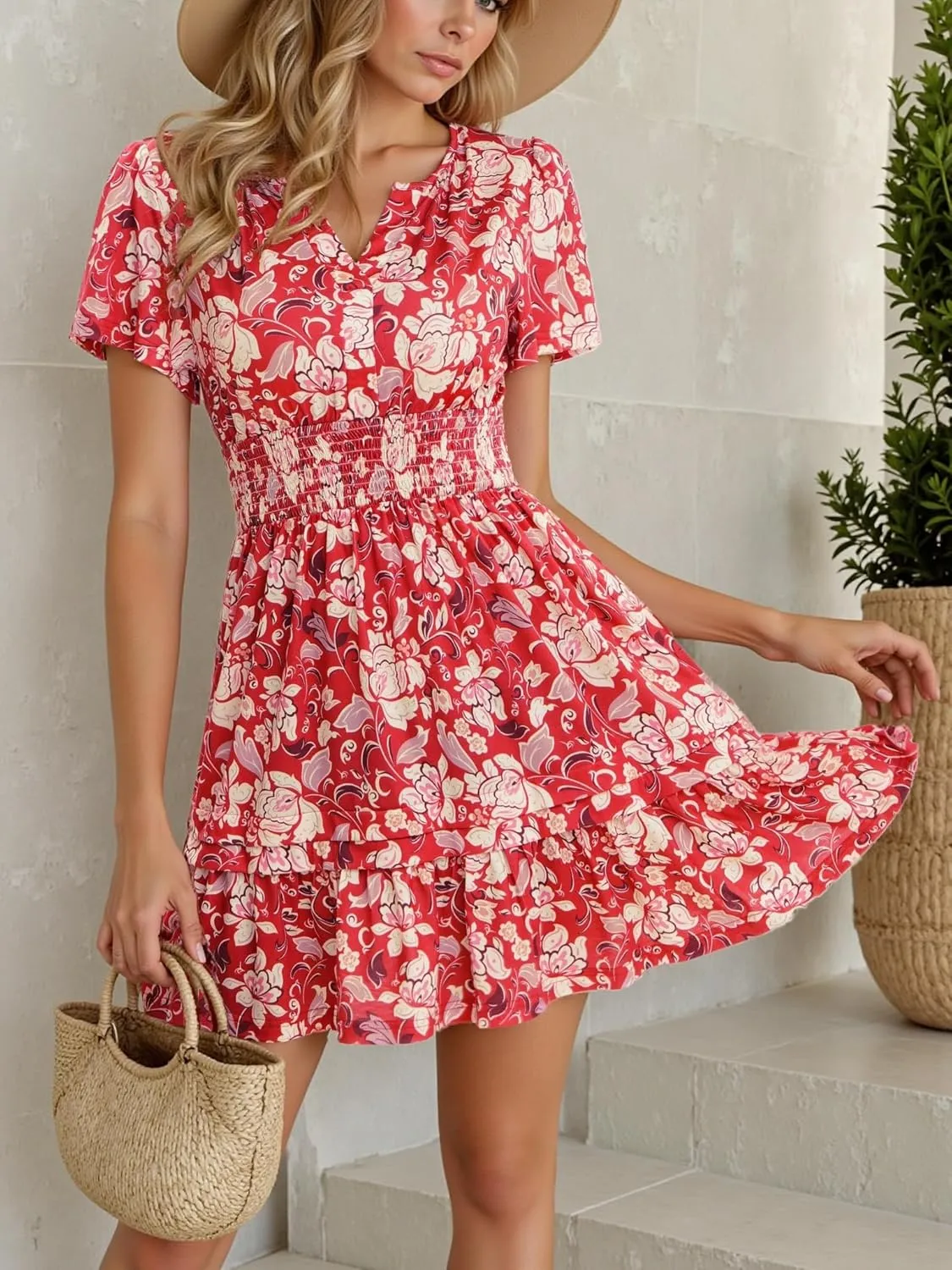VETIOR Somerset Mini Dress Teens Friendly Womens Elastic Smocked Waist Henley Neck with Ruffled Sleeves and Pockets