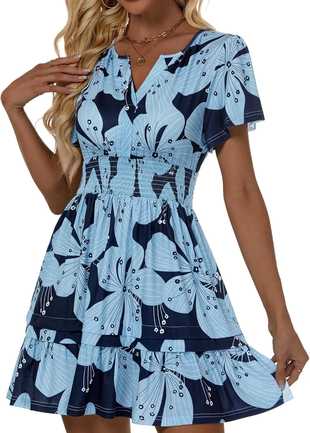 VETIOR Somerset Mini Dress Teens Friendly Womens Elastic Smocked Waist Henley Neck with Ruffled Sleeves and Pockets