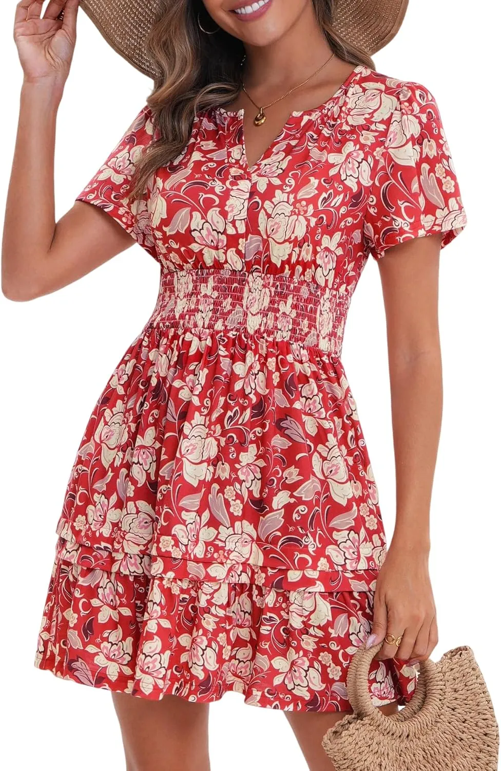 VETIOR Somerset Mini Dress Teens Friendly Womens Elastic Smocked Waist Henley Neck with Ruffled Sleeves and Pockets