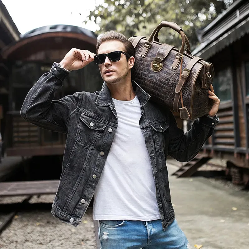 Vintage Crocodile Pattern Genuine Leather Travel Duffle Bag with Lock and Key