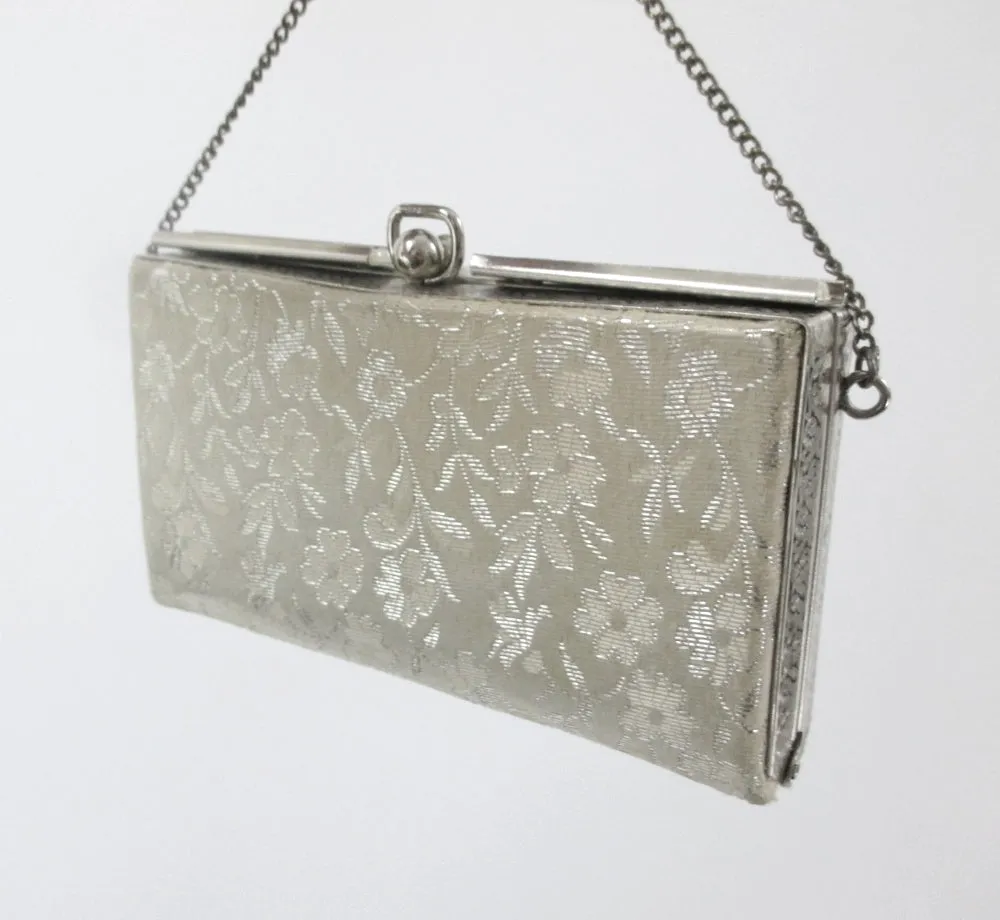 Vintage Silver Brocade & Pearls Little Box Evening Bag / Wristlet