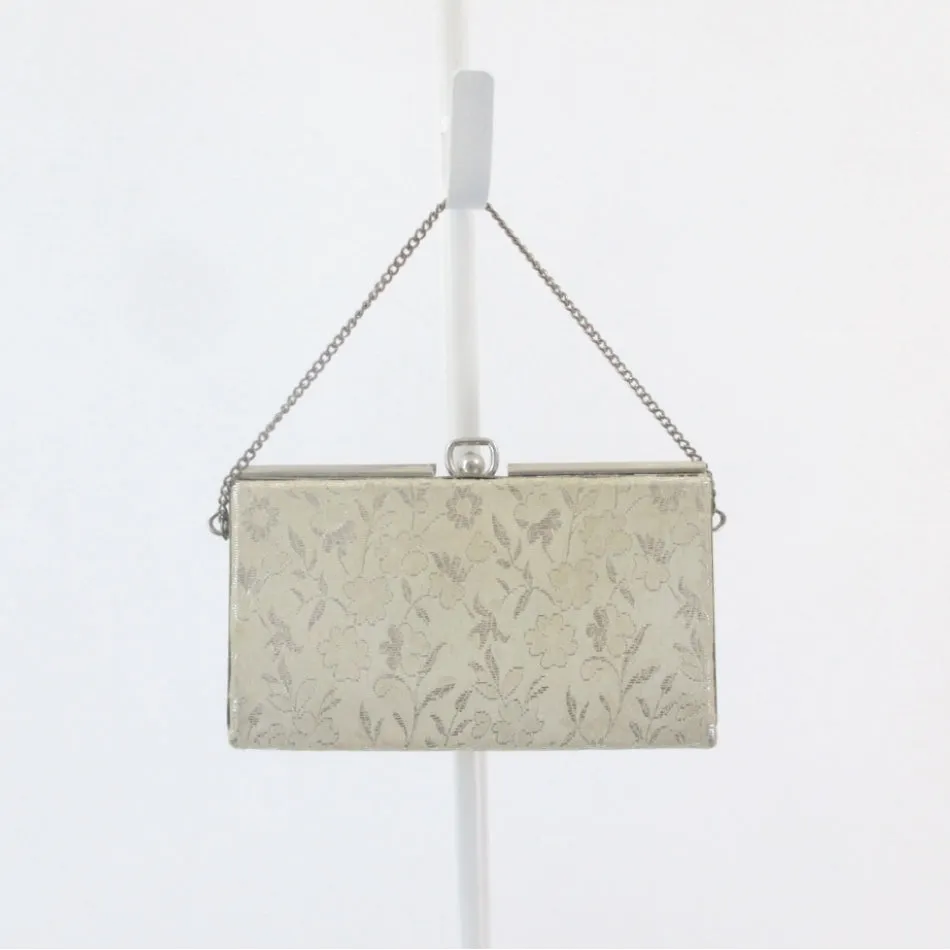 Vintage Silver Brocade & Pearls Little Box Evening Bag / Wristlet