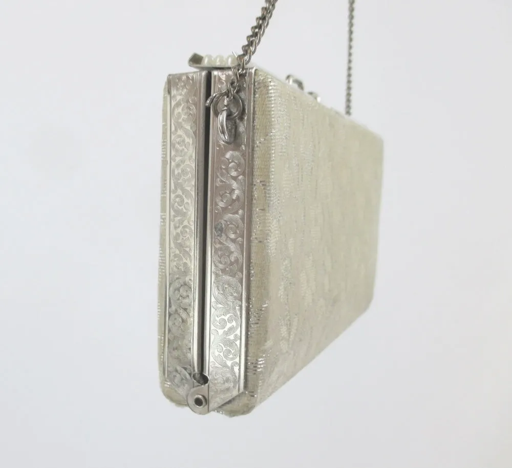 Vintage Silver Brocade & Pearls Little Box Evening Bag / Wristlet