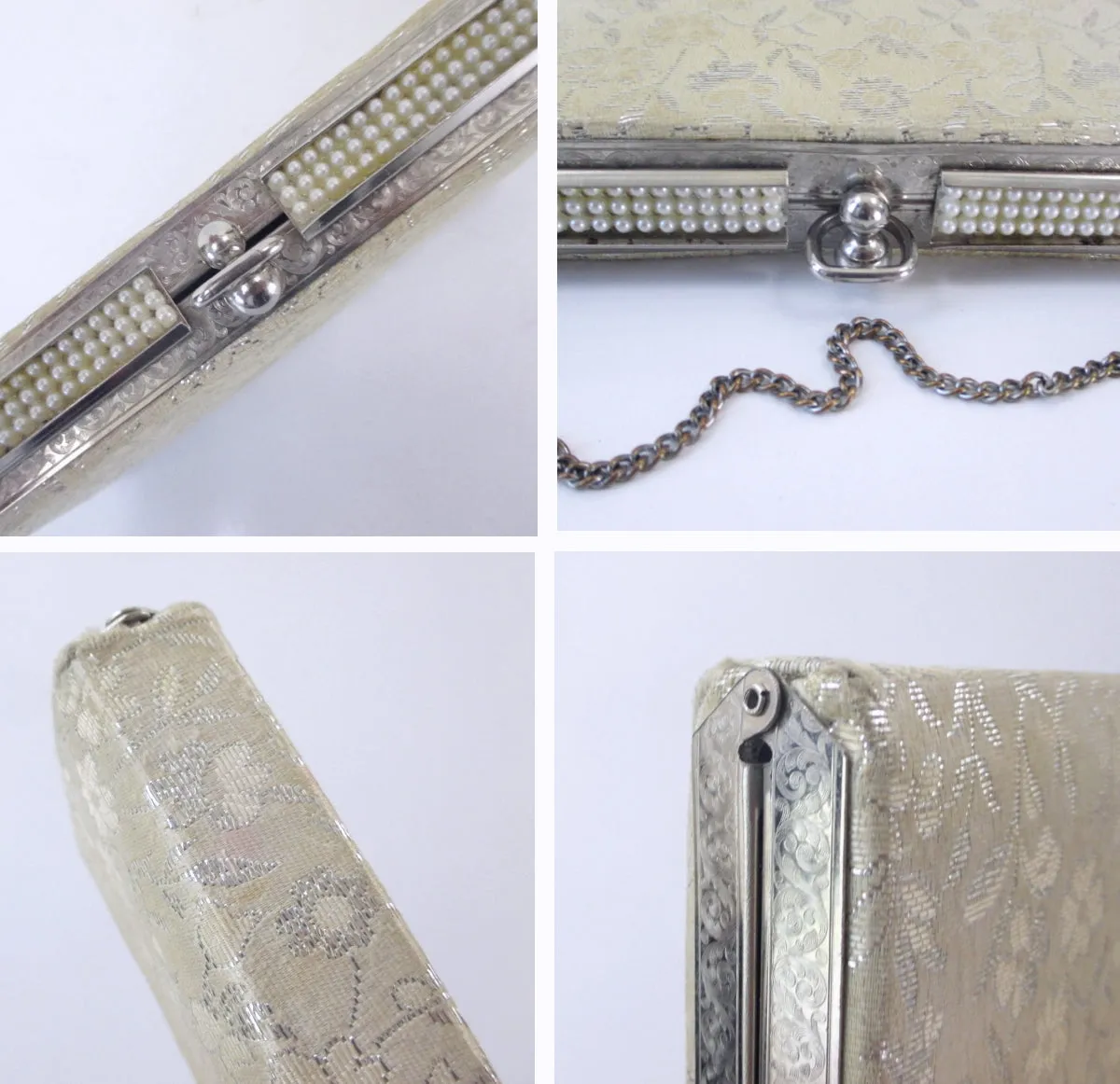 Vintage Silver Brocade & Pearls Little Box Evening Bag / Wristlet