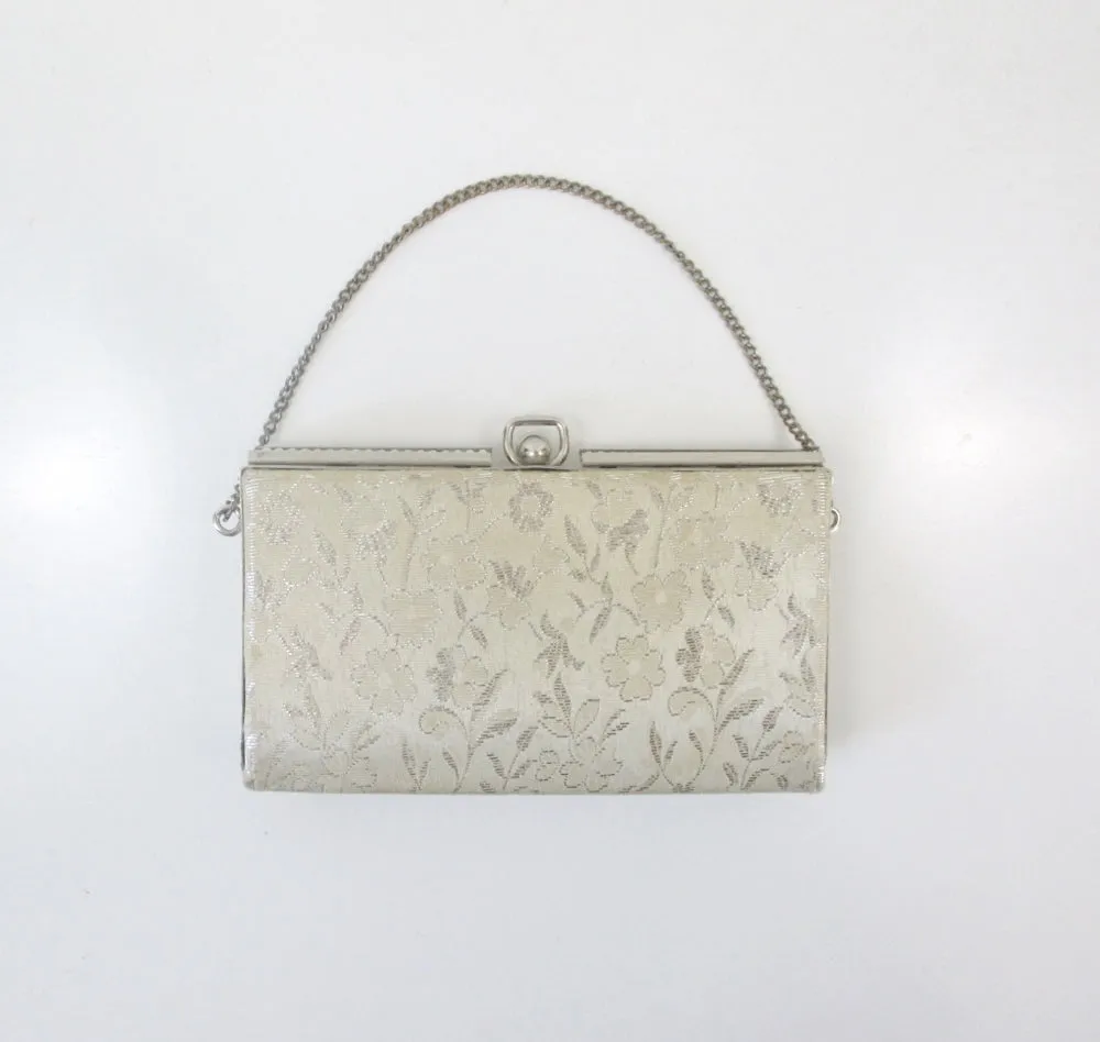 Vintage Silver Brocade & Pearls Little Box Evening Bag / Wristlet
