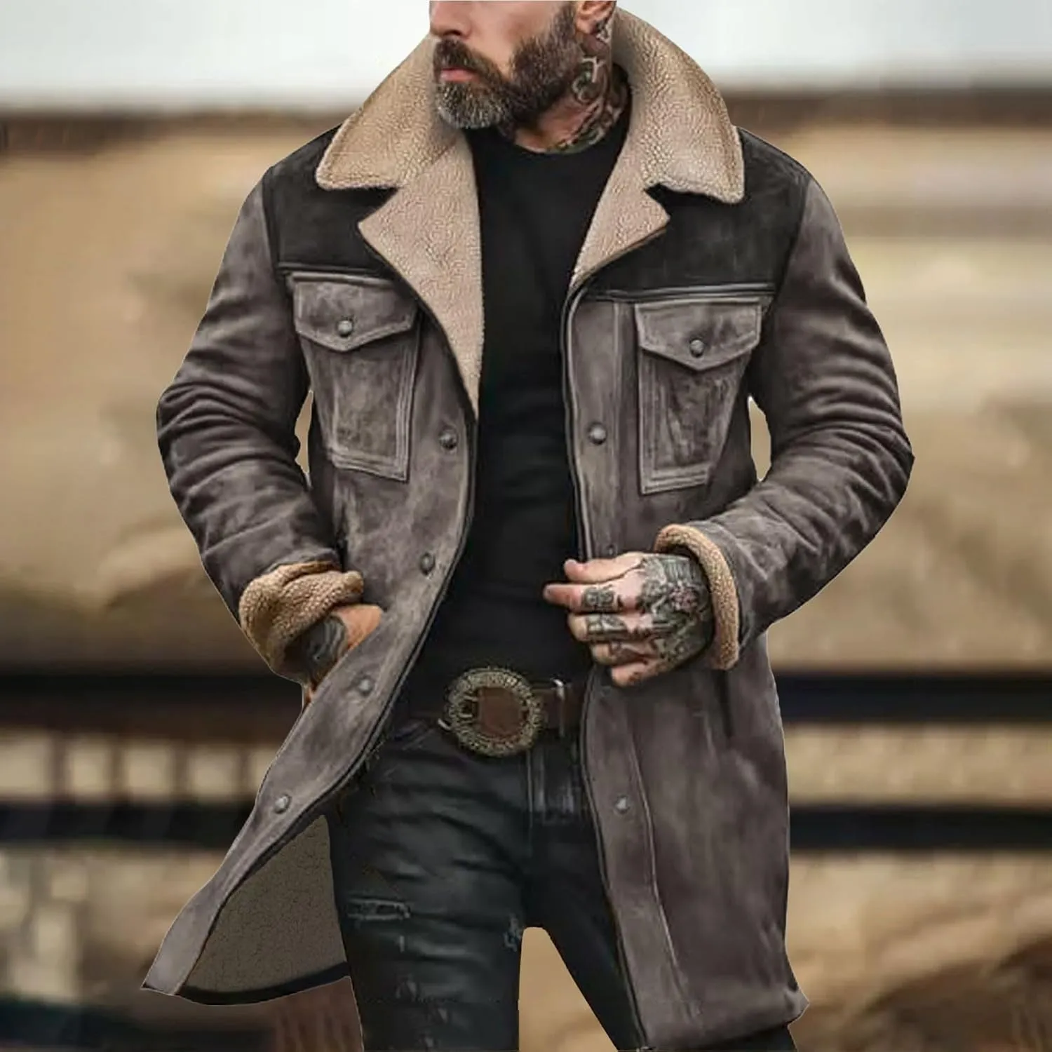 Vintage Suede Jacket for Men Plush Collar Coats Faux Leather Jacket Men Zip Up Motorcycle Jacket Coats Retro Tops