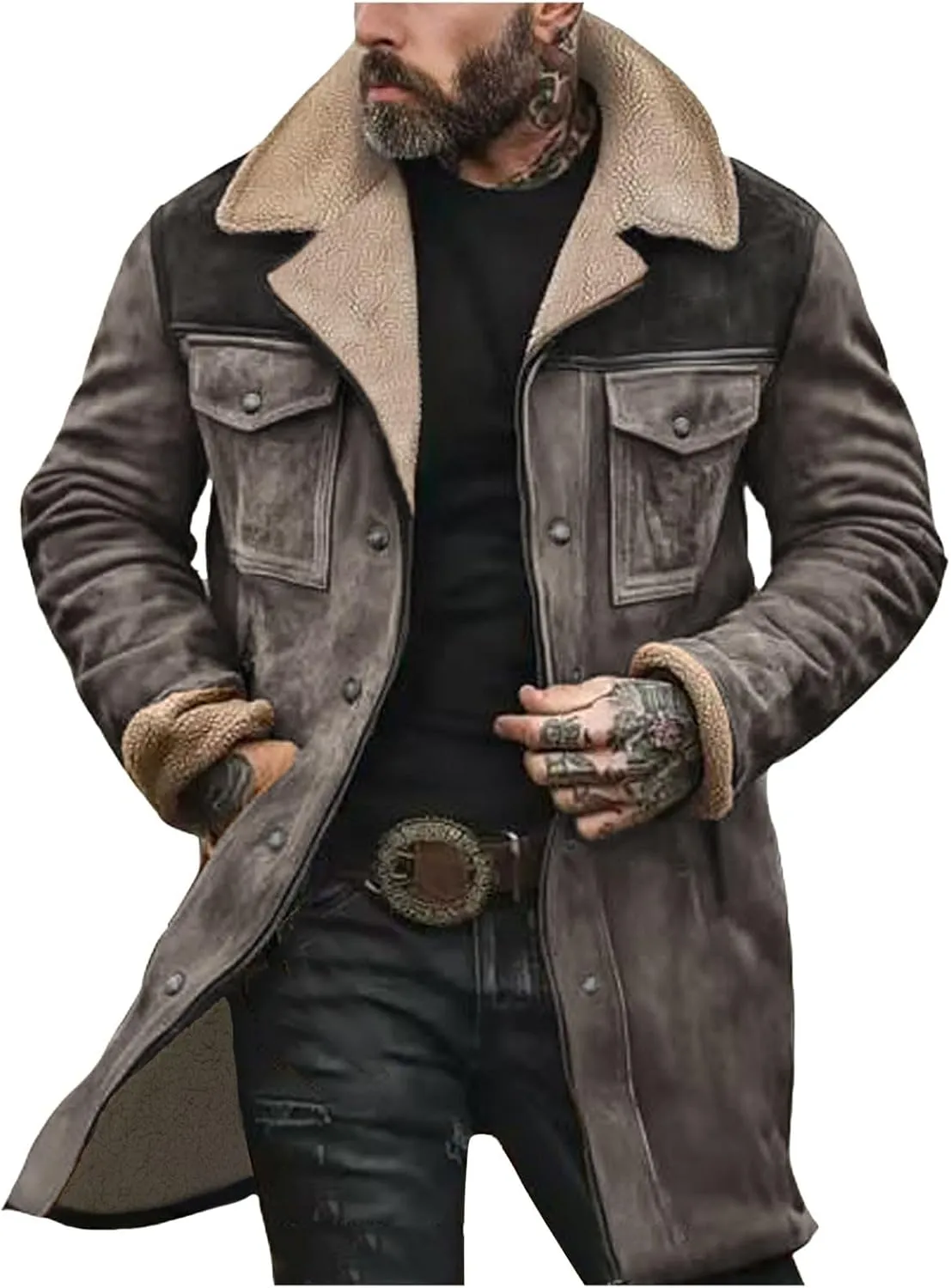 Vintage Suede Jacket for Men Plush Collar Coats Faux Leather Jacket Men Zip Up Motorcycle Jacket Coats Retro Tops