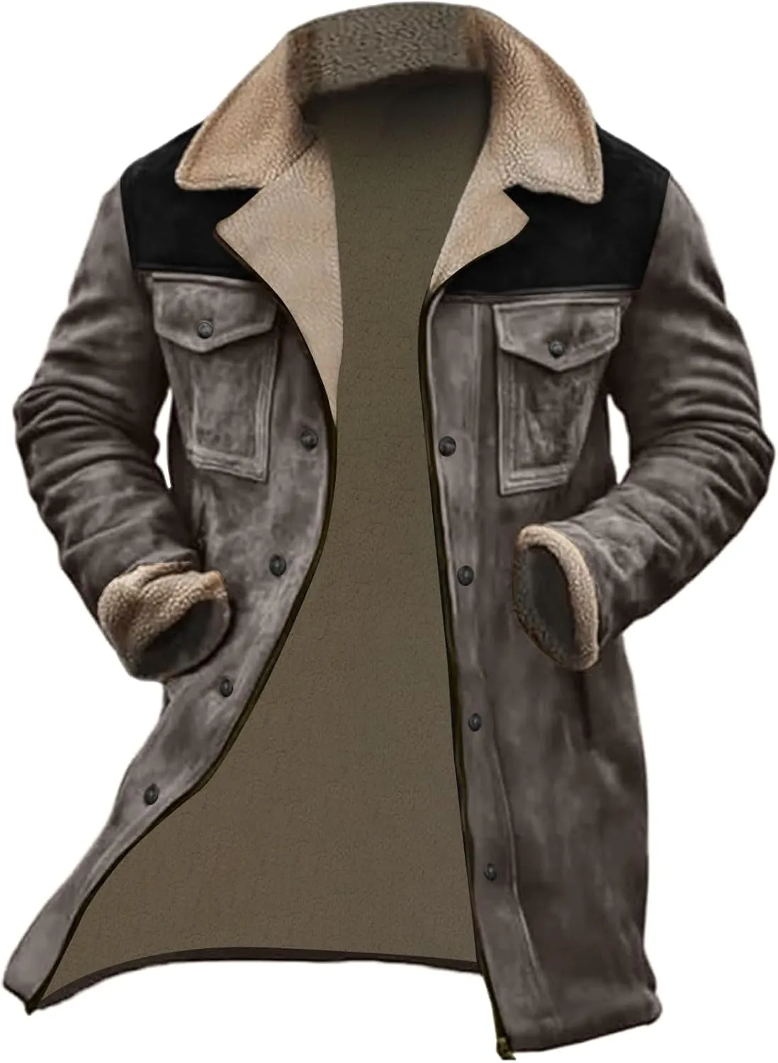 Vintage Suede Jacket for Men Plush Collar Coats Faux Leather Jacket Men Zip Up Motorcycle Jacket Coats Retro Tops