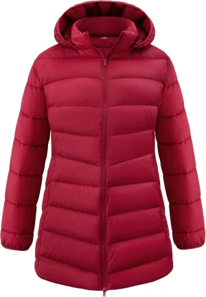 wantdo Women's Plus Size Lightweight Winter Coat Warm Long Puffer Coats with Removable Hood