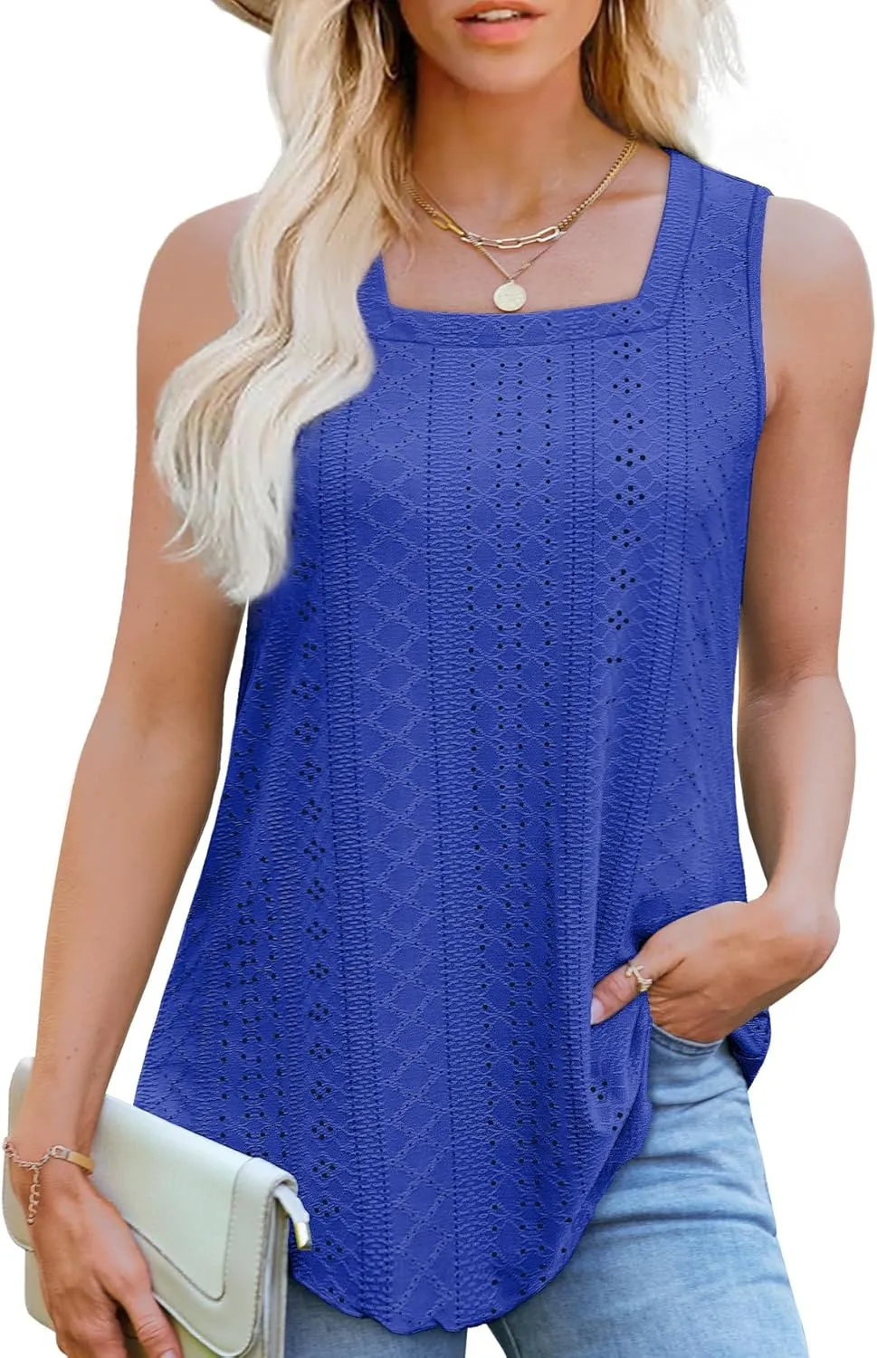 WEESO Womens Tank Tops Square Neck Sleeveless Beach Vacation Clothes Loose Fit Casual Summer Tops