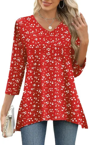 WIHOLL 3/4 Sleeve Tunic Tops for Women Loose Fit Dressy Casual Blouses V Neck T Shirts with Asymmetrical Hem S-3XL