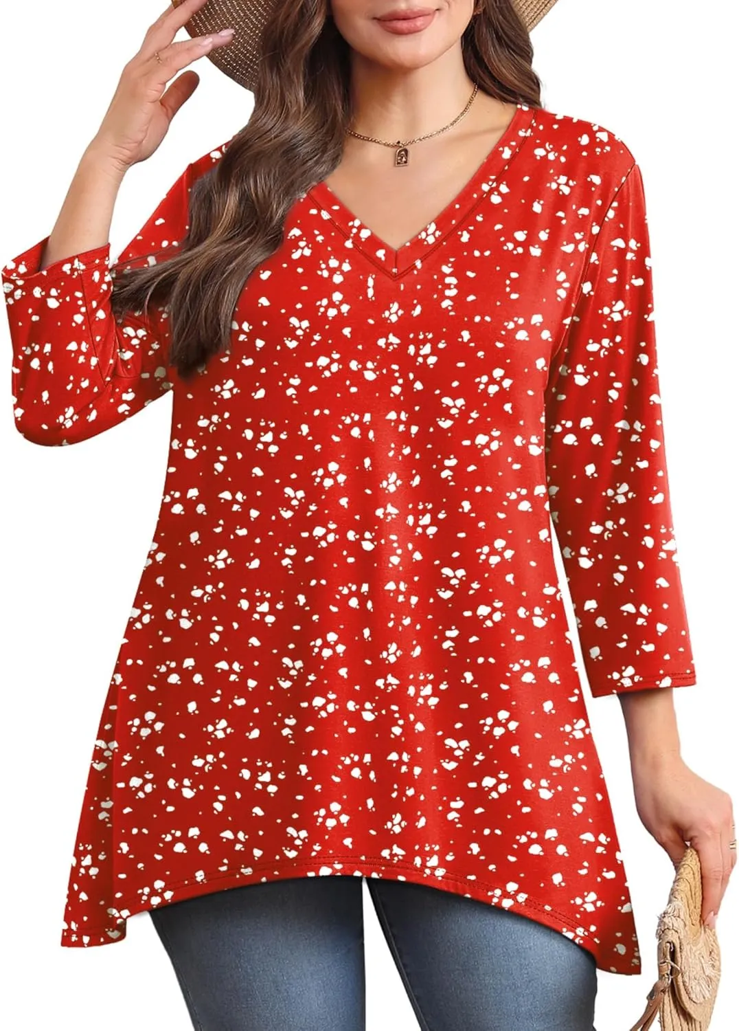 WIHOLL 3/4 Sleeve Tunic Tops for Women Loose Fit Dressy Casual Blouses V Neck T Shirts with Asymmetrical Hem S-3XL