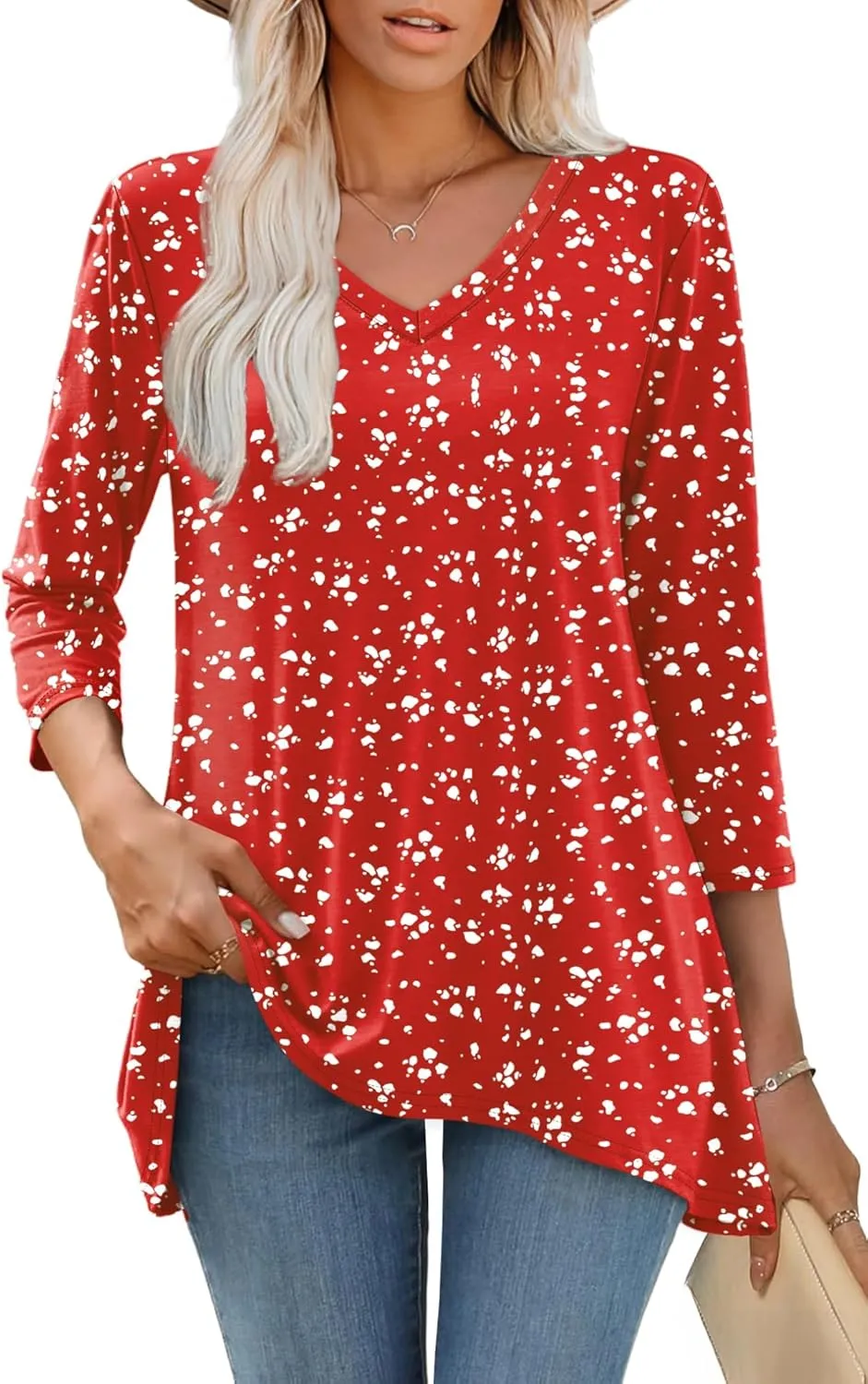 WIHOLL 3/4 Sleeve Tunic Tops for Women Loose Fit Dressy Casual Blouses V Neck T Shirts with Asymmetrical Hem S-3XL
