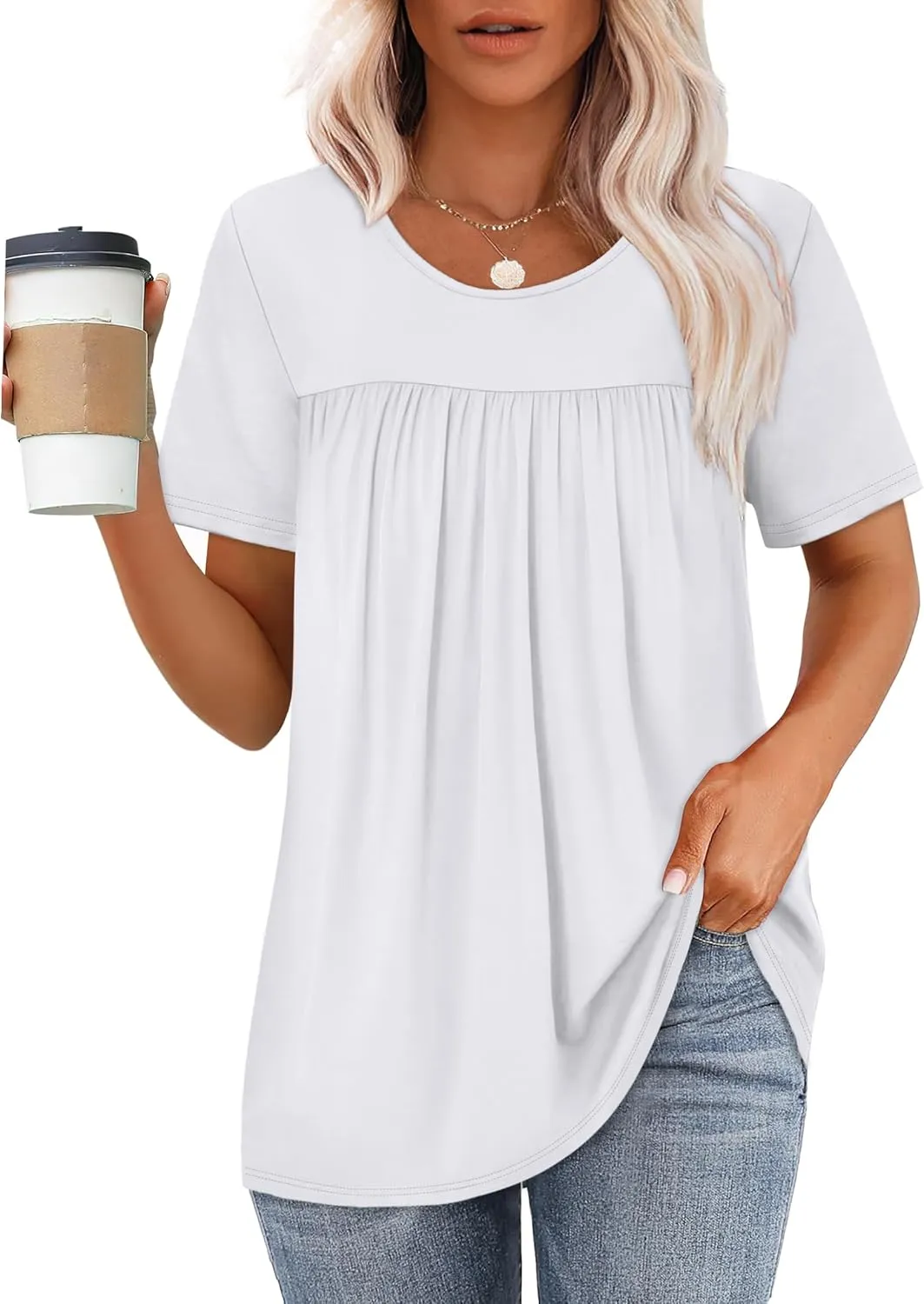 WIHOLL Womens Tops Short Sleeve T Shirts Pleated Dressy Casual Round Neck Summer Clothes Outfits Blouses Loose Fit