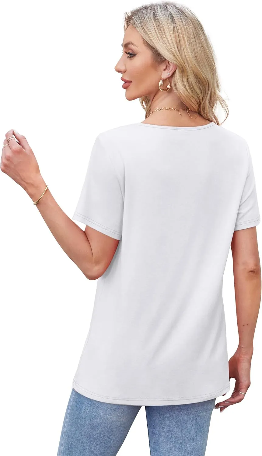 WIHOLL Womens Tops Short Sleeve T Shirts Pleated Dressy Casual Round Neck Summer Clothes Outfits Blouses Loose Fit