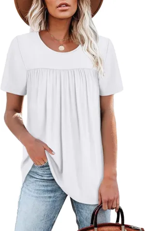 WIHOLL Womens Tops Short Sleeve T Shirts Pleated Dressy Casual Round Neck Summer Clothes Outfits Blouses Loose Fit