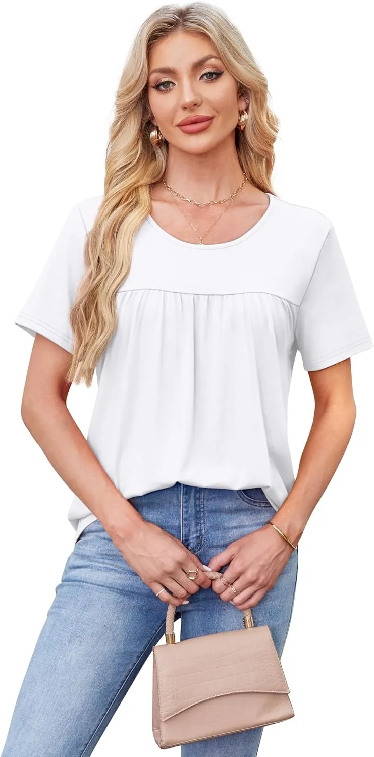 WIHOLL Womens Tops Short Sleeve T Shirts Pleated Dressy Casual Round Neck Summer Clothes Outfits Blouses Loose Fit