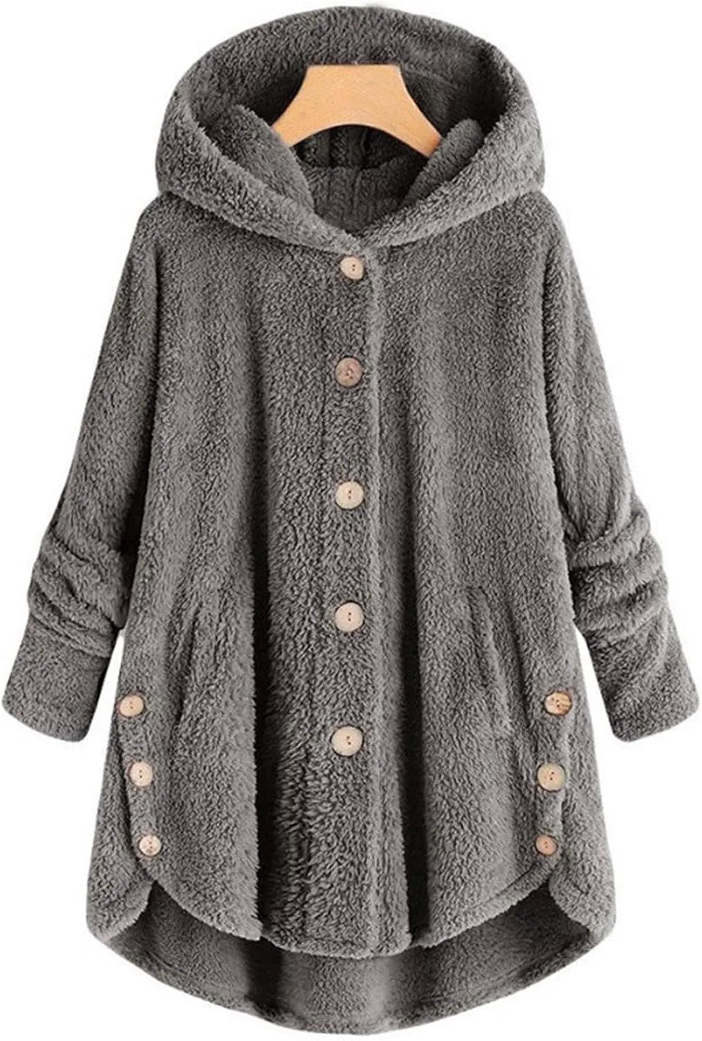 Winter Jackets for Women Fleece Button Jacket with Pockets Oversized Long Sherpa Hoodie Fuzzy Jacket Warm Teddy Coat