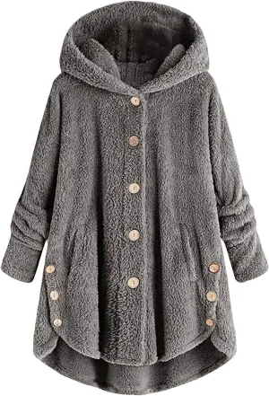 Winter Jackets for Women Fleece Button Jacket with Pockets Oversized Long Sherpa Hoodie Fuzzy Jacket Warm Teddy Coat