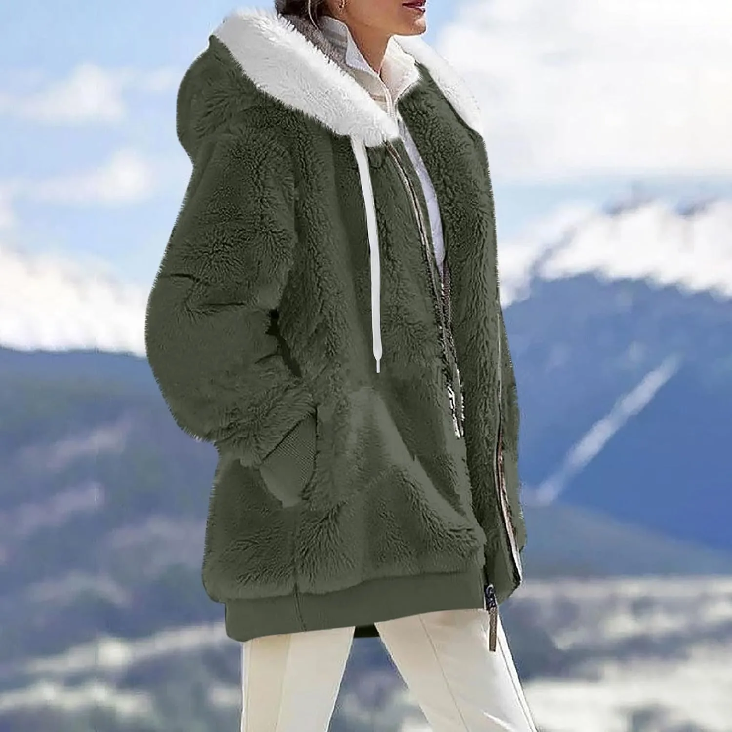 Winter Jackets for Women Fuzzy Fleece Jacket Hooded Color Block Patchwork Cardigan Coats Soft Shaggy Warm Outerwear