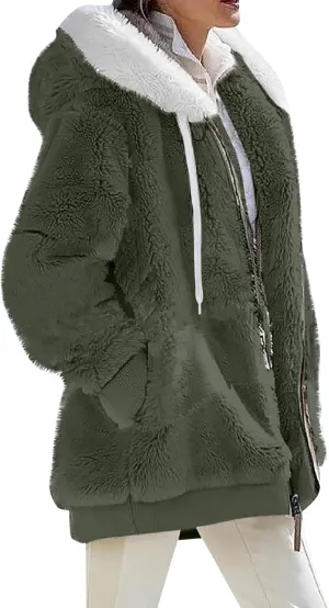 Winter Jackets for Women Fuzzy Fleece Jacket Hooded Color Block Patchwork Cardigan Coats Soft Shaggy Warm Outerwear