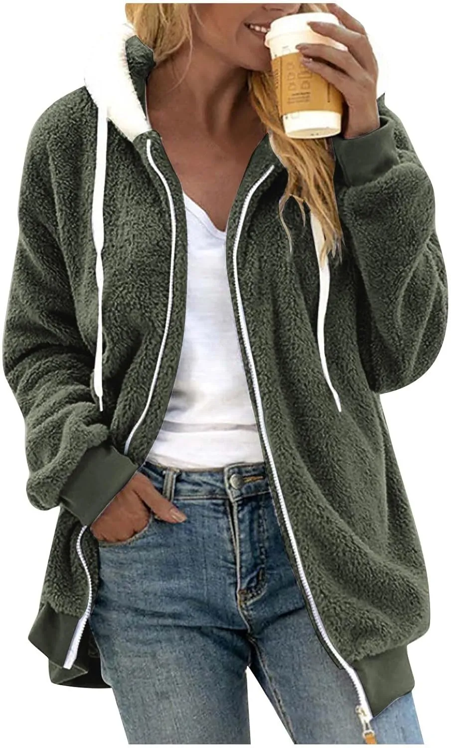 Winter Jackets for Women Fuzzy Fleece Jacket Hooded Color Block Patchwork Cardigan Coats Soft Shaggy Warm Outerwear