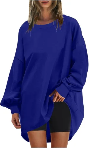 Wkishenl Oversized Long Sweatshirts for Women 2024 Casual Fall Shoulder Tops Loose Long Sleeve Crewneck Pullover Solid Dressy