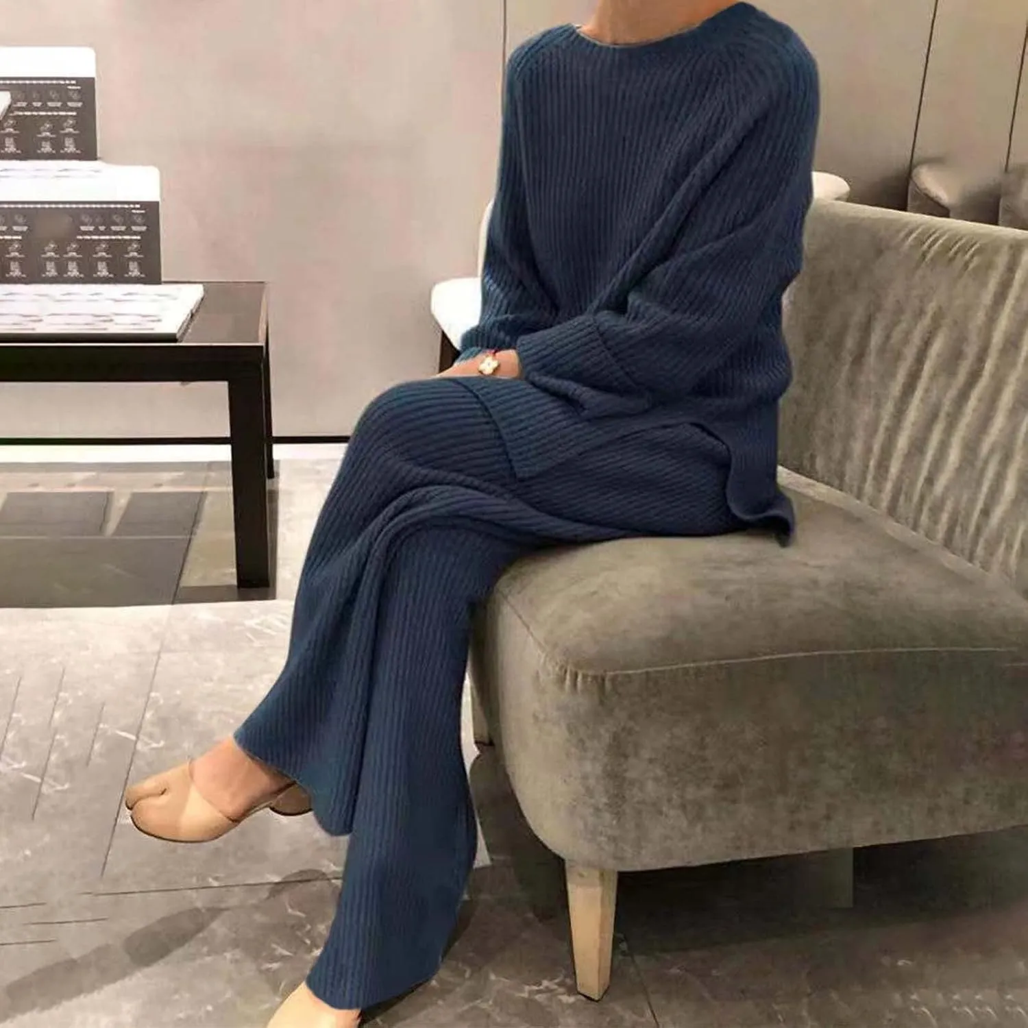 Women 2 Piece Outfits Oversized Long Sleeve Cable Knit Pullover Sweater Top Wide Leg Pants Matching Set
