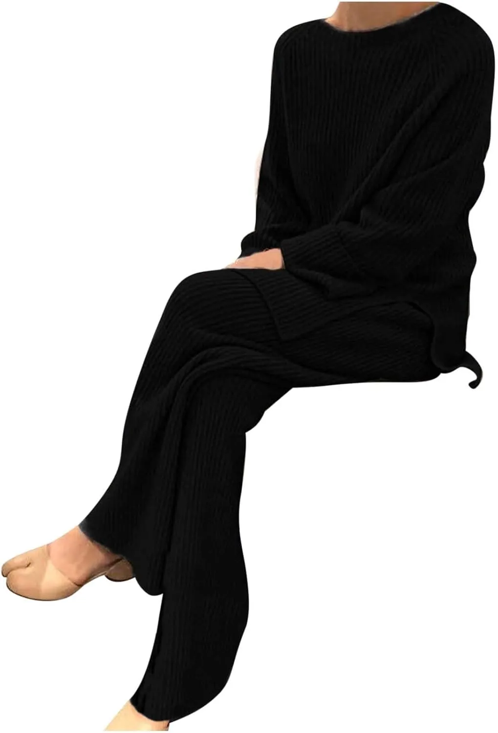 Women 2 Piece Outfits Oversized Long Sleeve Cable Knit Pullover Sweater Top Wide Leg Pants Matching Set