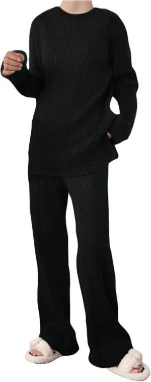 Women 2 Piece Outfits Oversized Long Sleeve Cable Knit Pullover Sweater Top Wide Leg Pants Matching Set