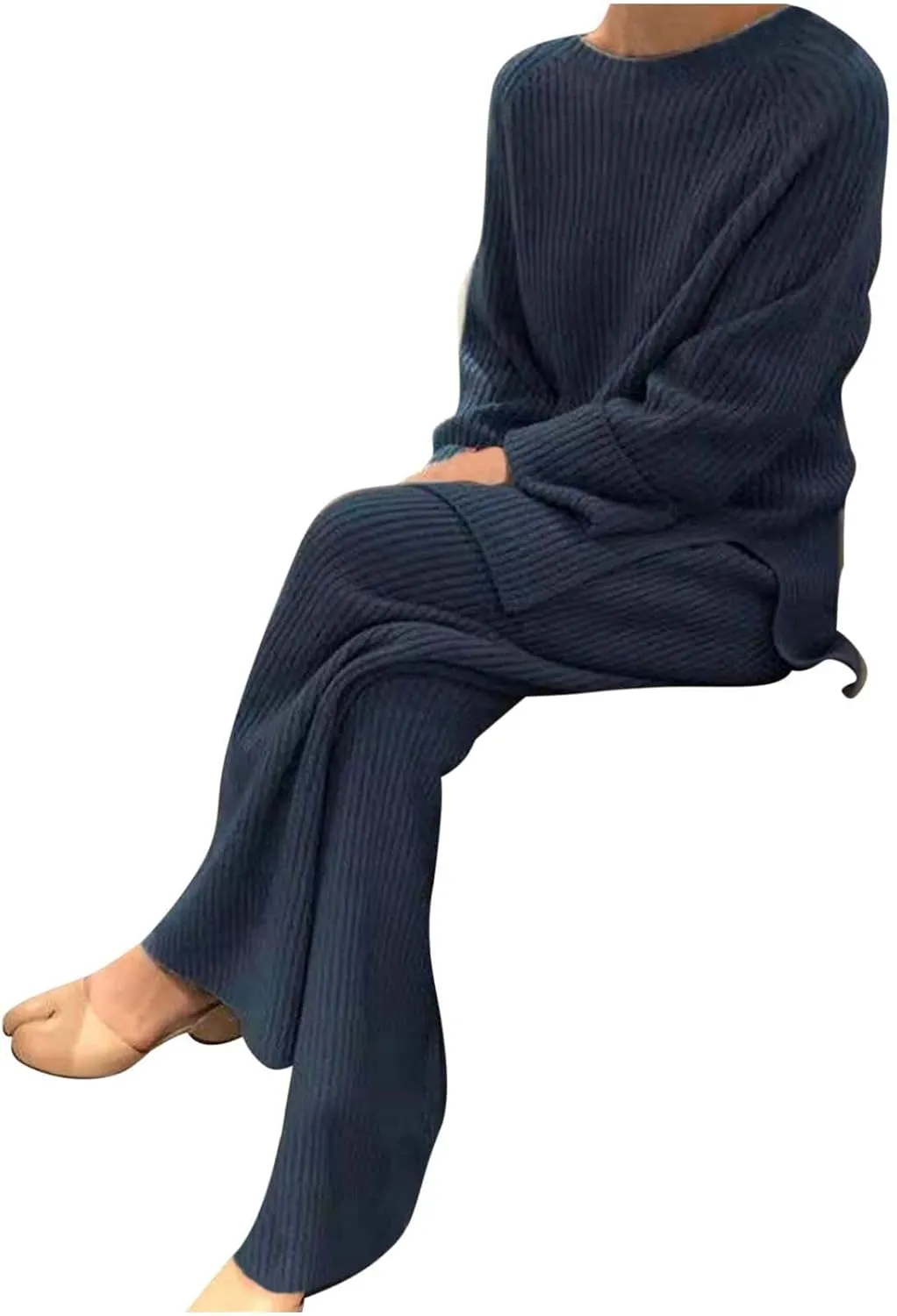 Women 2 Piece Outfits Oversized Long Sleeve Cable Knit Pullover Sweater Top Wide Leg Pants Matching Set