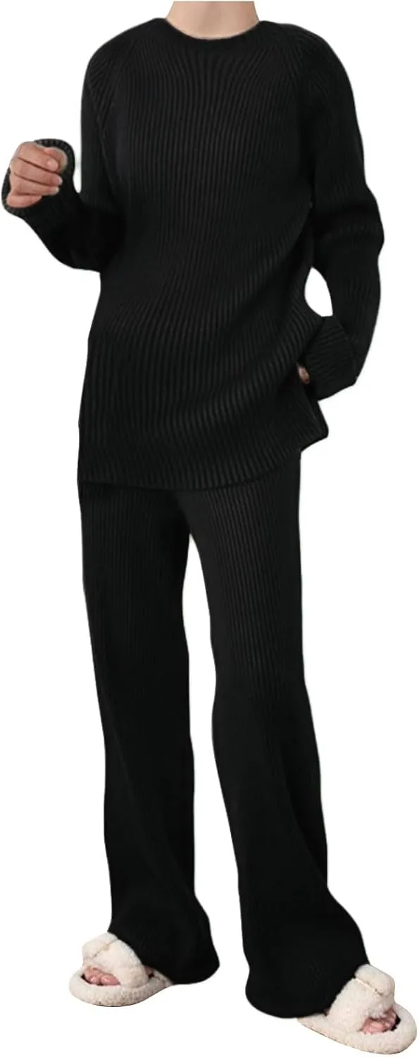 Women 2 Piece Outfits Oversized Long Sleeve Cable Knit Pullover Sweater Top Wide Leg Pants Matching Set