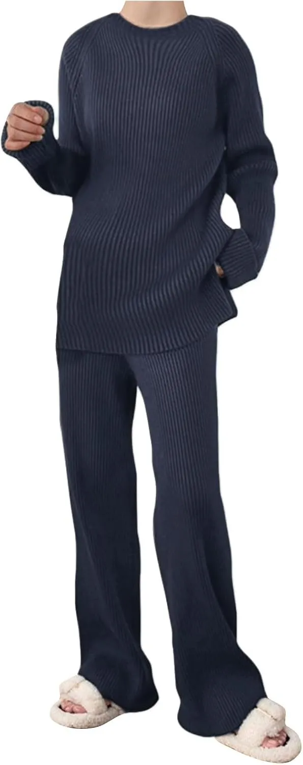 Women 2 Piece Outfits Oversized Long Sleeve Cable Knit Pullover Sweater Top Wide Leg Pants Matching Set