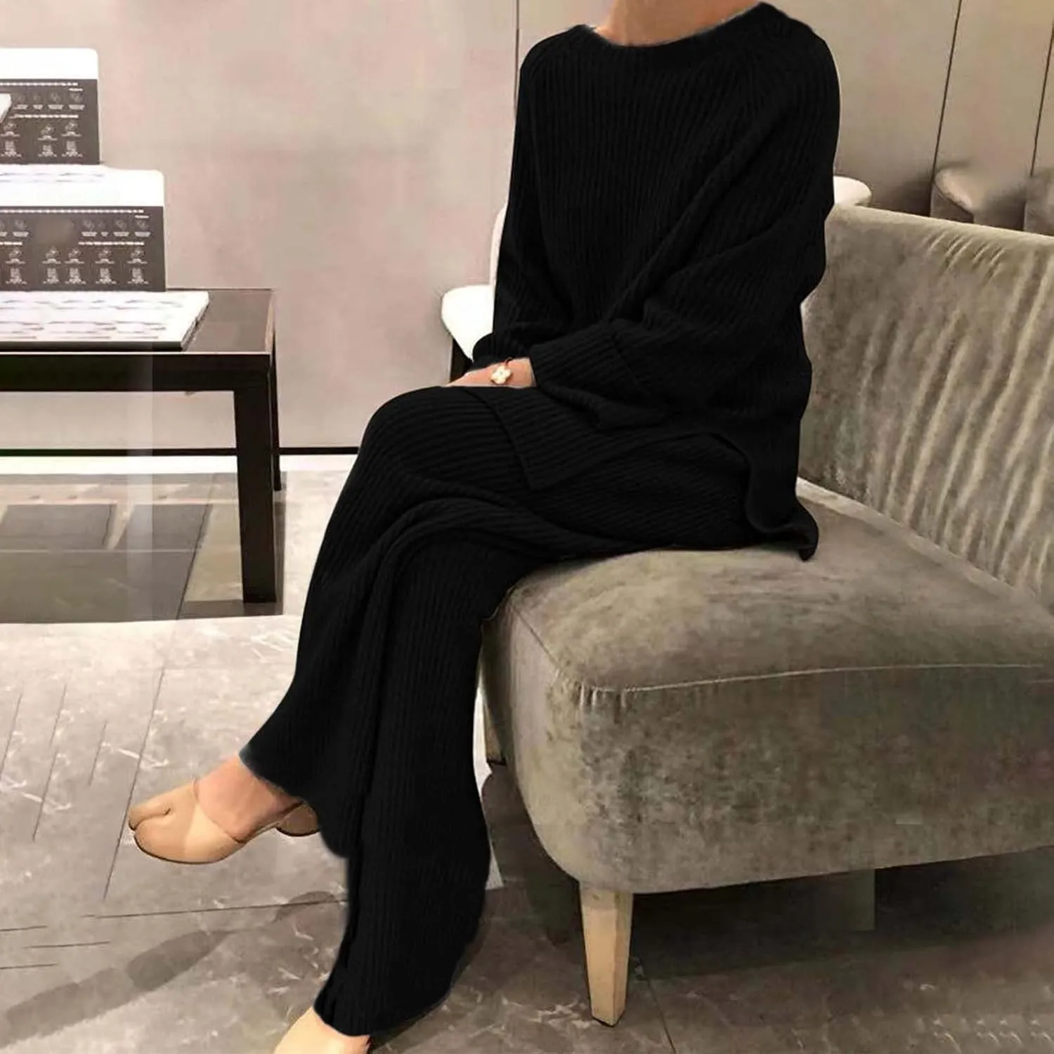 Women 2 Piece Outfits Oversized Long Sleeve Cable Knit Pullover Sweater Top Wide Leg Pants Matching Set