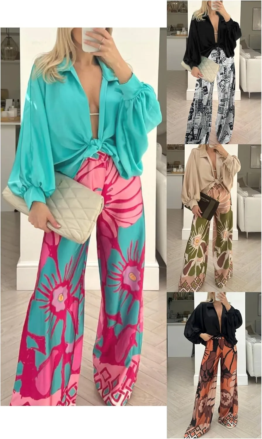 Women 2 Piece Outfits Wide Leg Long Pants Set Front Crop Tops High Waist Tracksuits Long Sleeve Jumpsuits