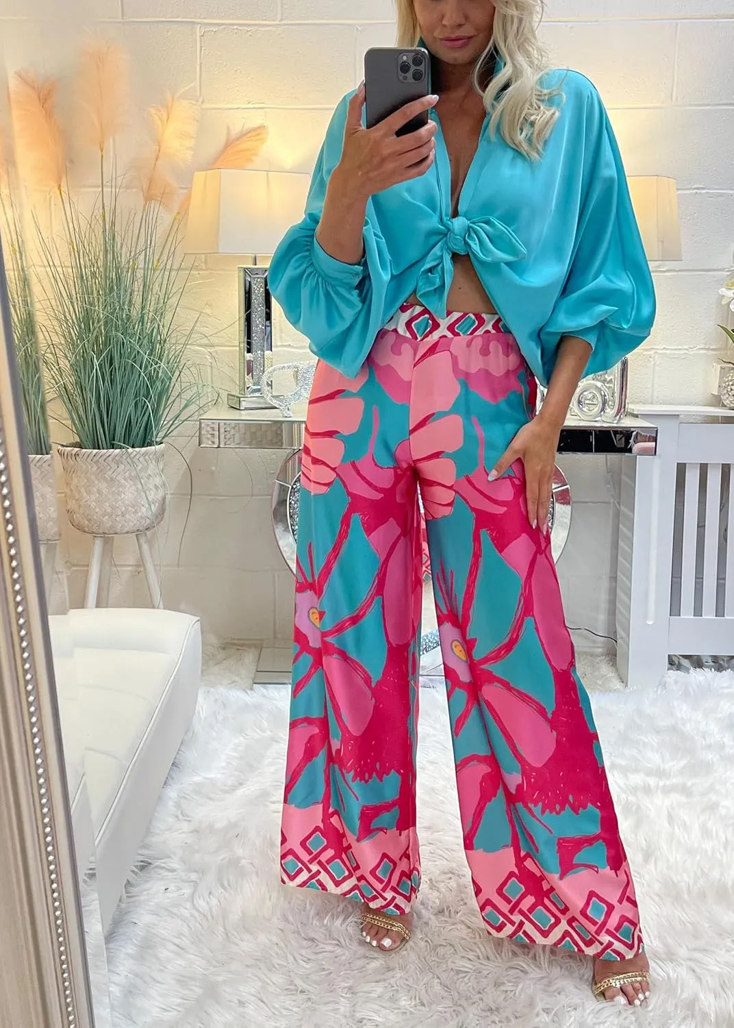 Women 2 Piece Outfits Wide Leg Long Pants Set Front Crop Tops High Waist Tracksuits Long Sleeve Jumpsuits