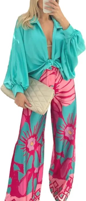 Women 2 Piece Outfits Wide Leg Long Pants Set Front Crop Tops High Waist Tracksuits Long Sleeve Jumpsuits